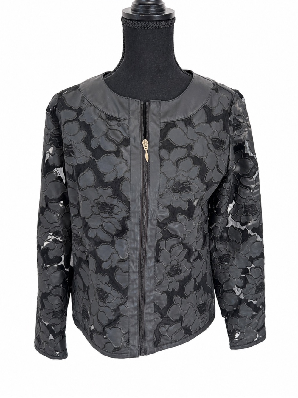 Colleen Lopez Black Floral Faux Leather Mesh Zip Jacket Small Like New